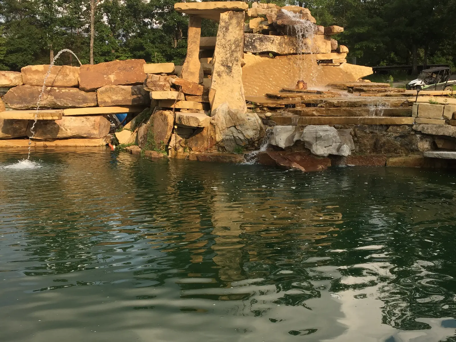Waterfall feature built with natural Tennessee boulders